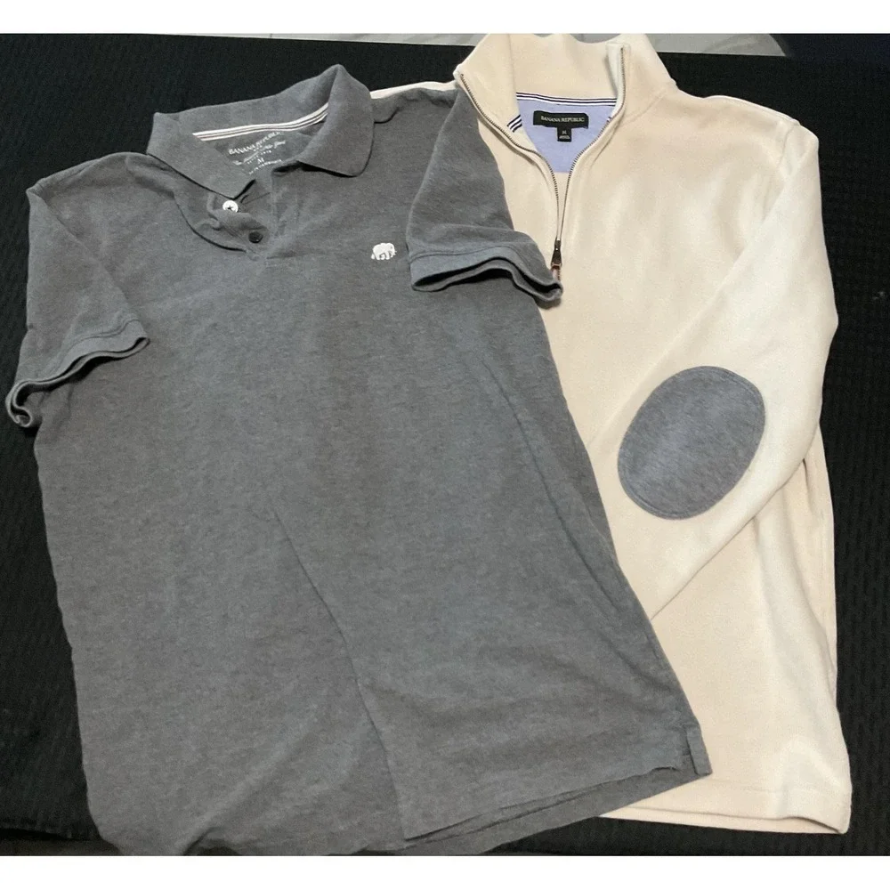 Banana Republic Sweater Mens Medium White 1/4 Zip Mock Neck + Gray Polo Lot Of 2